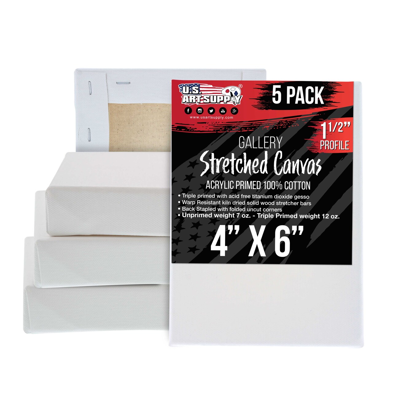 5-Pack Bulk Stretched Canvas for Painting 4 x 6 inch Gallery Depth 1-1/2" Profile - Professional Artist Quality, 100% Cotton 12-Ounce Gesso Triple Primed for Acrylic Pouring, Oil